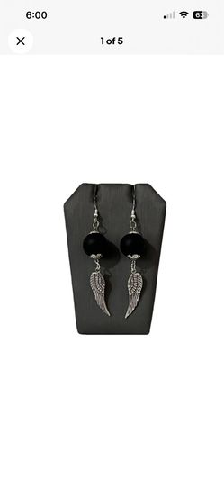 Gothic Black Matte Bead Angel Wing Drop Earrings Silver Tone Dangle Goth Punk