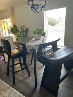 Unique 4-Piece Solid Wood Counter-Height Dining Set – Table, 2 Swivel Stools & Bench