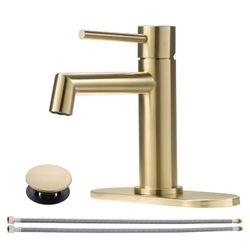 Brushed Gold Bathroom Faucet with Plastic Pop Up Drain, 6.25" Metal Escutcheon and Supply Lines, Single Handle Stainless Basin Mixer Tap, Modern Bathr