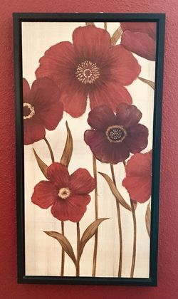 Red flower dark wood framed wall art set