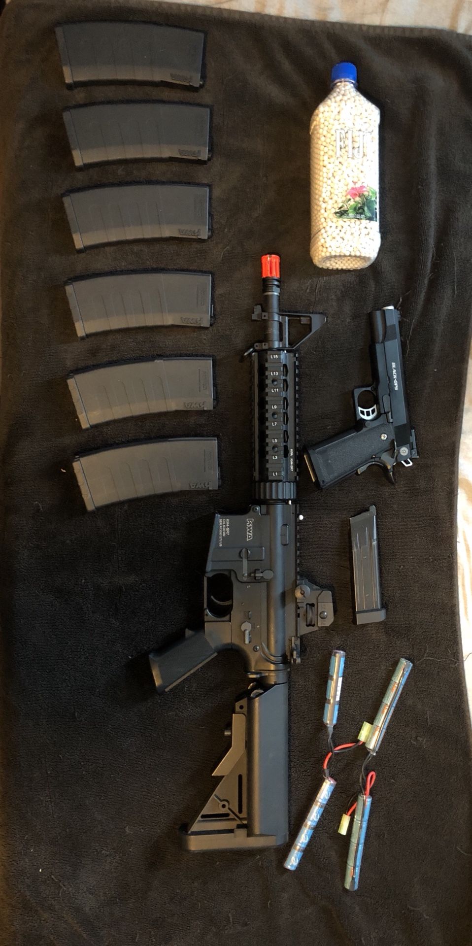 KWA-KM4 SR7 airsoft rifle, Black-Ops blowback airsoft pistol, (6) K120 hi cap magazines