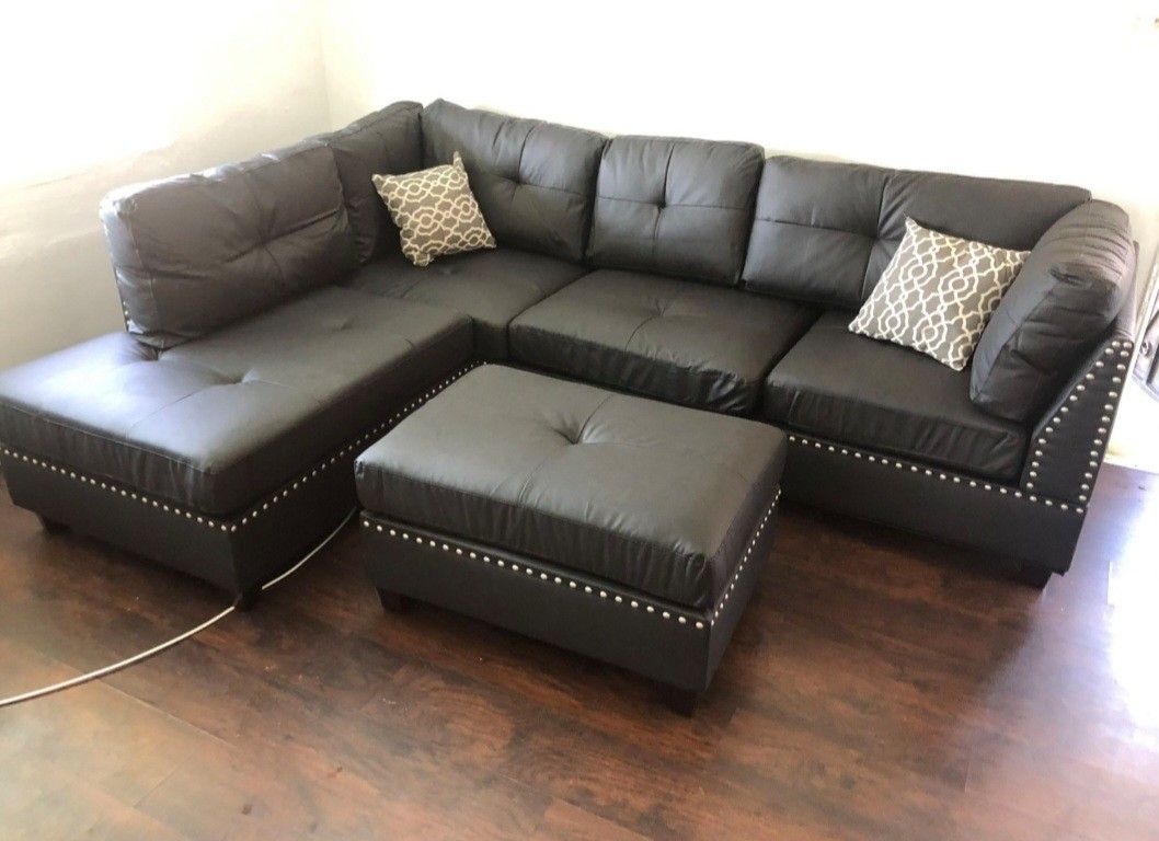 Brand New Espresso Color Bonded Leather Sectional Sofa Couch +Ottoman
