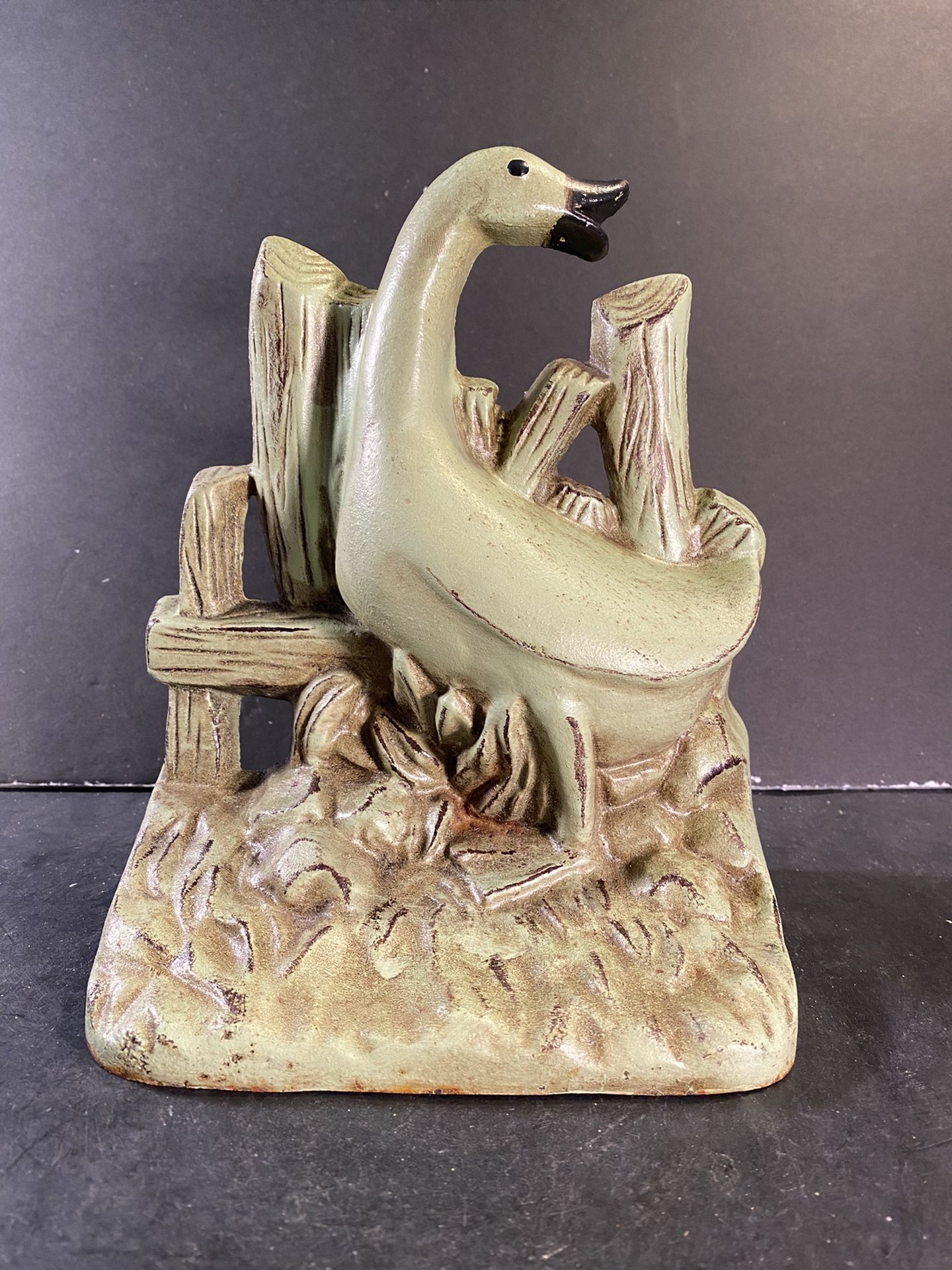 Vintage Green Cast-Iron Goose Doorstop/Bookend (Height: 8”)