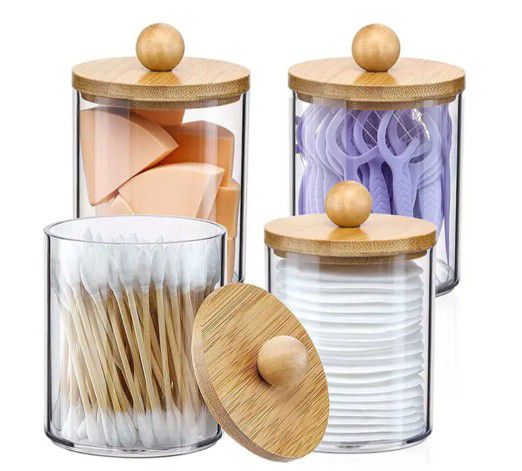 4 Pack Bamboo Lids Clear Plastic Apothecary Jar Containers Organizer Storage Set