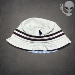 Polo Ralph Lauren Reversible Bucket Hat Mens White Blue Seersucker Striped OS