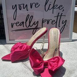 Fuschia Pink & Brown Bow Tie Sling Back High Heels 