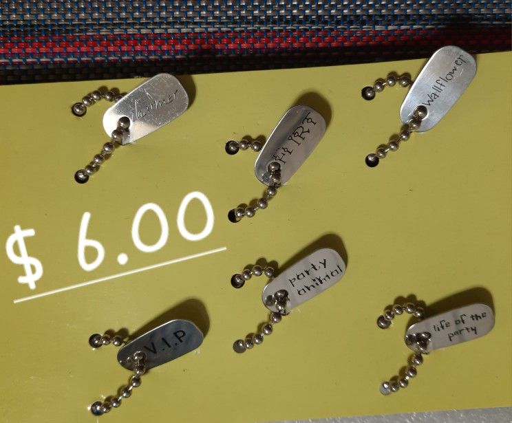 6 dog tag wine glass marker charms - party animal flirt