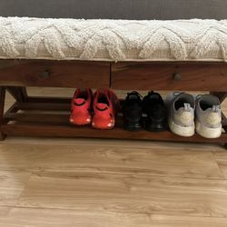 Boho Entryway Bench with Storage & Shoe Rack