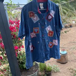 PATCHWORK JEAN BUTTON UP XL