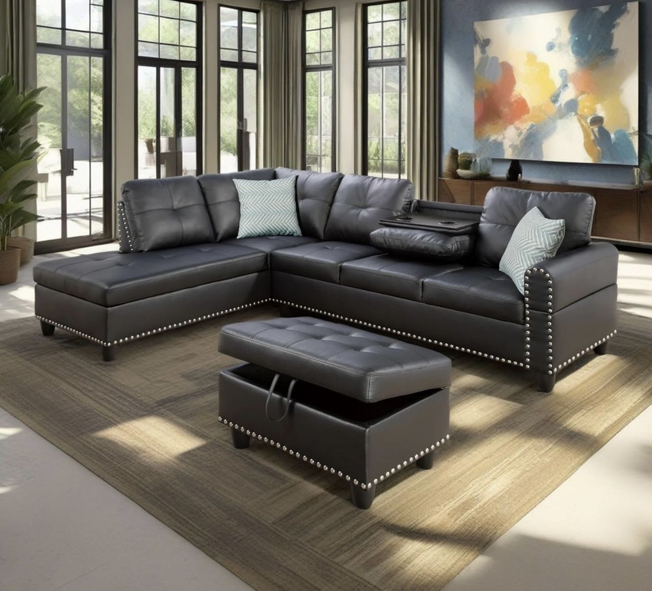Black Leather Sectional Couch With Drop Down Table