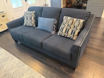 Dark Gray/Navy Sofa with Decorative Pillows