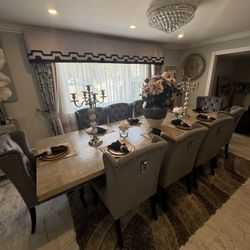 Beautiful Dining Room Table With 10 Gray Velvet Dinning Room Chairs 