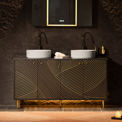 BRIS-BG-60D  WOODBRIDGE 60" x 22" Bathroom Vanity with Double Round Ceramic Vessel Sinks & Black Engineered Stone Top – Sleek Frame, Hand-Painted Blac