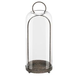 20" High Versatile Modern Metal Hurricane Lantern with Handmade Sturdy Glass Dome in Rustic Brown for Pillar Candle & Plants, Industrial, Farmhouse, S