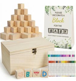 BRAND NEW IN BOX 98 Pcs Baby Shower Games Sign Kit, Wooden Blocks to Decorate 60 smooth 1.5 inch