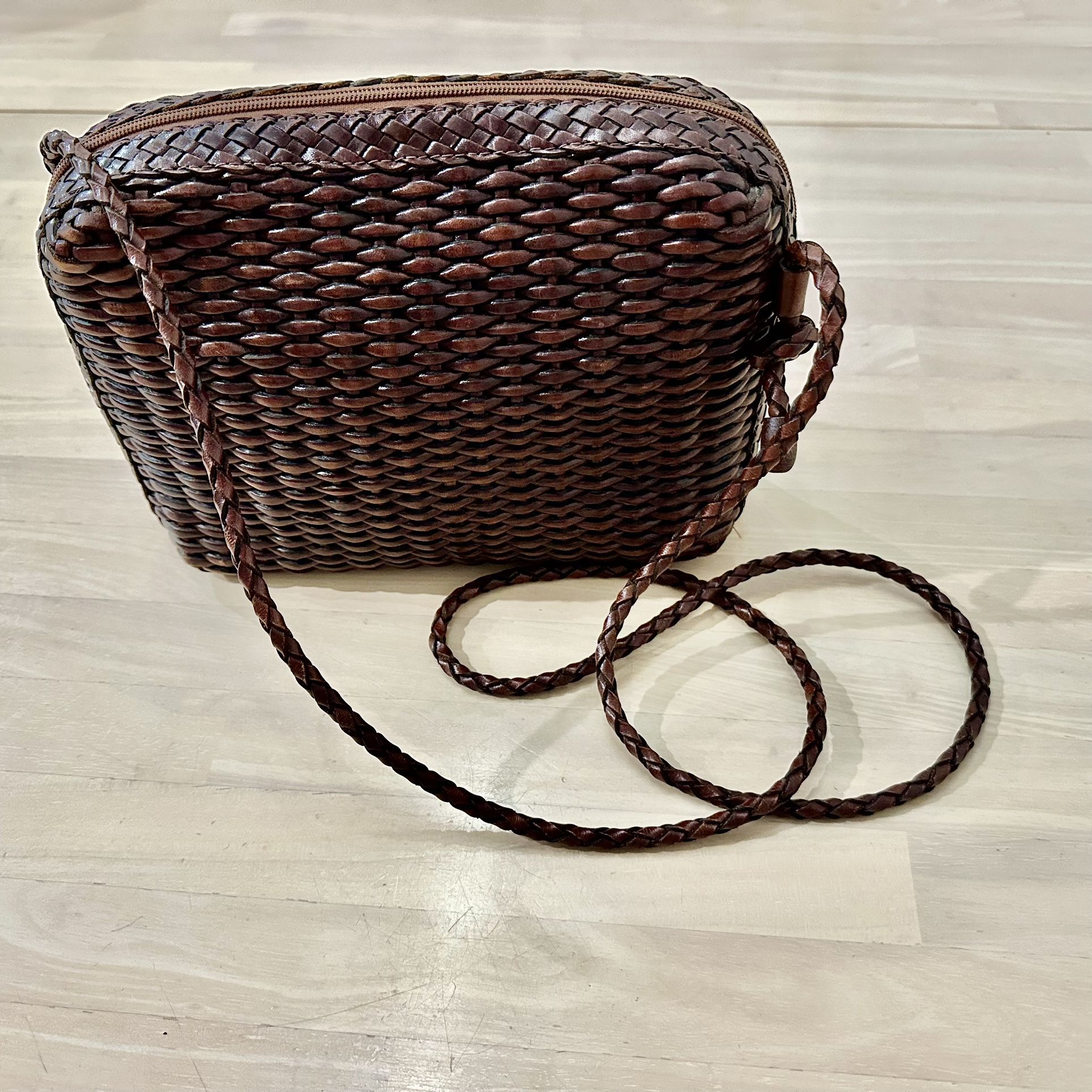 1990s Nine West Vintage Brown Woven Leather Shoulder Bohemian Y2K Crossbody Bag