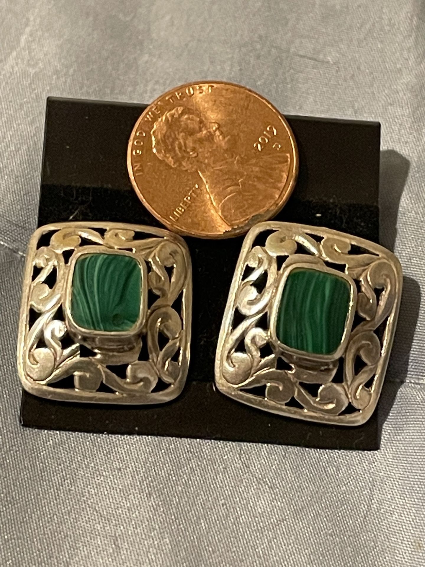 Malachite Square Filigree Earrings Hollow Carved Out Design 925 Sterling Silver