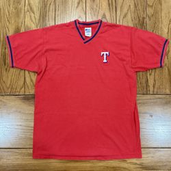🥎 Red Vintage Sports Athletic Mens LARGE V Texas Rangers Vneck Short Sleeve Golf Dress Shirt