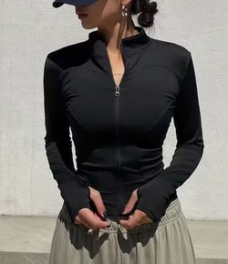Black Full-Zip Athletic Jacket with Thumb Holes