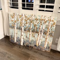 Shades of blue birch tree, art pier, on canvas