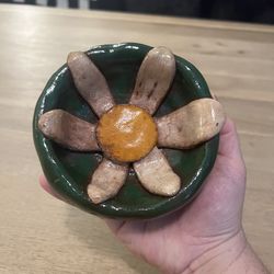 Handmade Clay Pottery Catch All Dish Bowl Green With Flower Inside Boho Hippie Home Decor 5” D