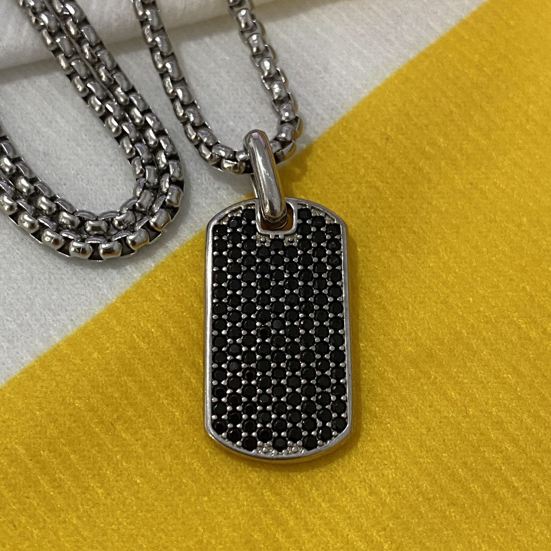 David Yurman Sterling Silver Chevron Tag with Black Diamonds Necklace