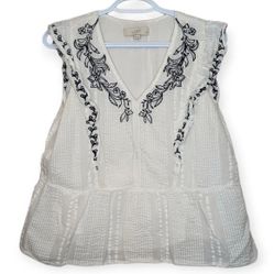 LOFT Petites MP White Sleeveless Blouse Blue Embroidery Ruffled Detail