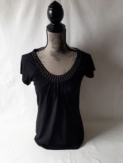 Debbie Morgan women's black short sleeve studded neckline shirt size S