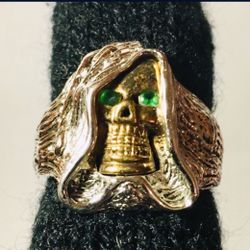 Silver & Gold Halloween Spooky Sterling Silver 925 Skeletor Skeleton He Man Men’s Ring 14k Face & Emerald Eyes  
