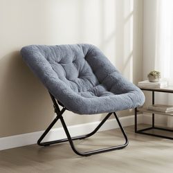 Accent Chair Sets, Comfy Folding Living room Saucer Chair with Faux Fur Padded for Lounge Reading, Metal X-Large, Gray, 