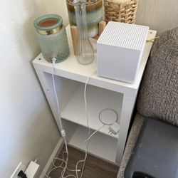 Side Table White And Side Table Brown With 2 Drawers, Desk Lamp With Plug Ins, Painting And Desk ( Price Listed For All, Bio For Separately)