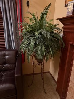 Large Faux Fern Plant on Metal Stand with Lights