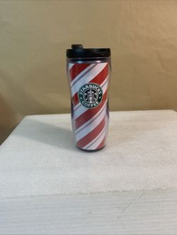 2009 Starbucks Tumbler Cup Travel Coffee Mug Red & White Candy Cane Striped 12oz. 