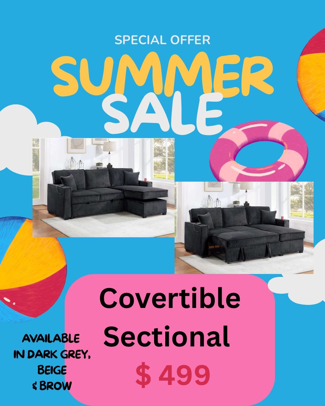 Sofa Convertible Disponible En Negro, Gris Oscuro, Beige, Y Cafe