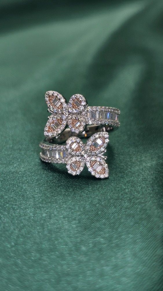 VVS D Moissanite Butterfly Wrap Ring TwoTone Baguette N Pavé 925