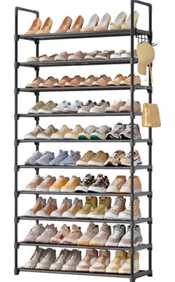 (2734)10 Tier Shoe Rack, Tall Shoe Organizer, 32.2" Wide, Black
Large-Capacity Shoe Storage with Hooks, Shoe Shelf for Closet, Entryway, Bedroom, Livi