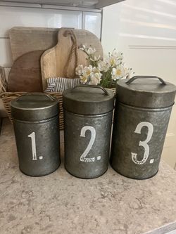 Set of 3 galvanized canisters $25