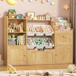 C65 $100  Toy Storage Organizer with Movable Drawer, Kids Bookshelf with bins, Oak Toy Organizers and Storage with Hidden Wheels, Large Toy Storage an