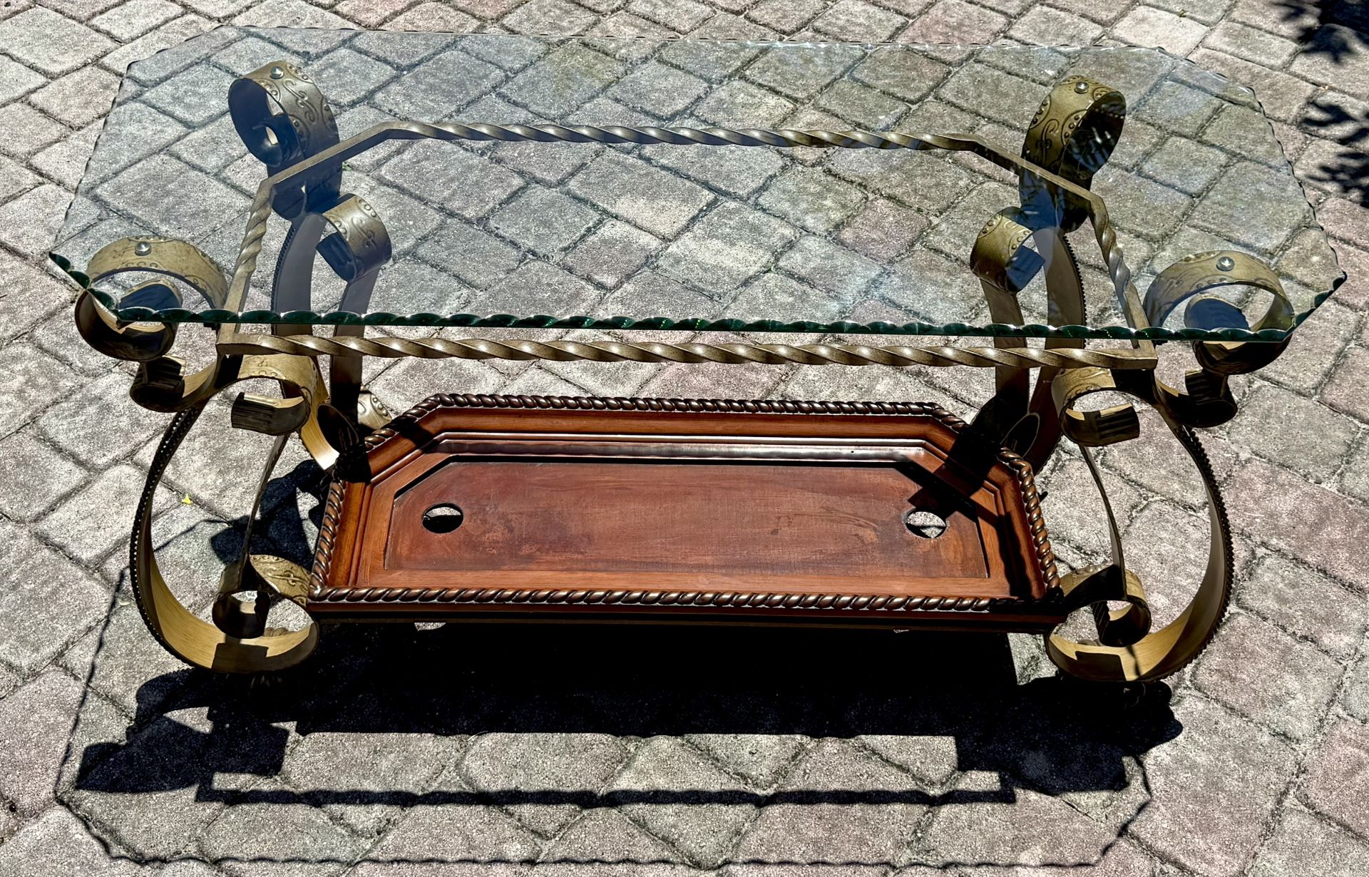 ⭕️ Heavy Ornate Glass Console Table – Wrought Iron & Wood Base