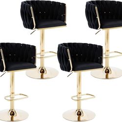 Velvet Luxury Barstools Set of 4, Swivel Adjustable Bar Height Stools with Weave Backs/Golden Base, Upholstered Modern Counter Stools for Kitchen Isla