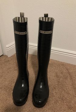 Henri Bendel black tall rain boots size 8 stripped lining women’s shoes