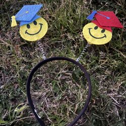 Smiley Face Graduation Cap Headband Black Yellow Blue Red Fabric Plastic