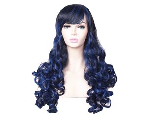 Long wavy black and blue synthetic wig