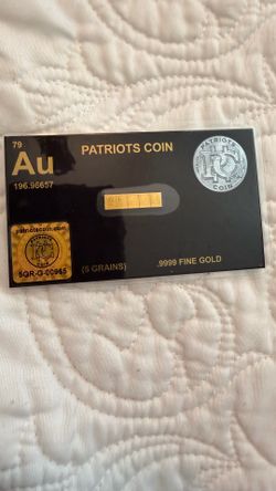 Patriots Coin 5 Grain .9999 Fine Gold Bar on Original SEALED Card