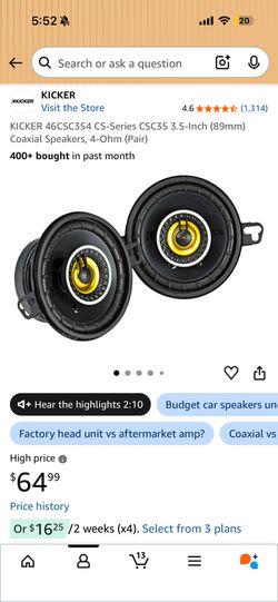 KICKER 46CSC354 CS-Series CSC35 3.5-Inch (89mm) Coaxial Speakers, 4-Ohm (Pair)