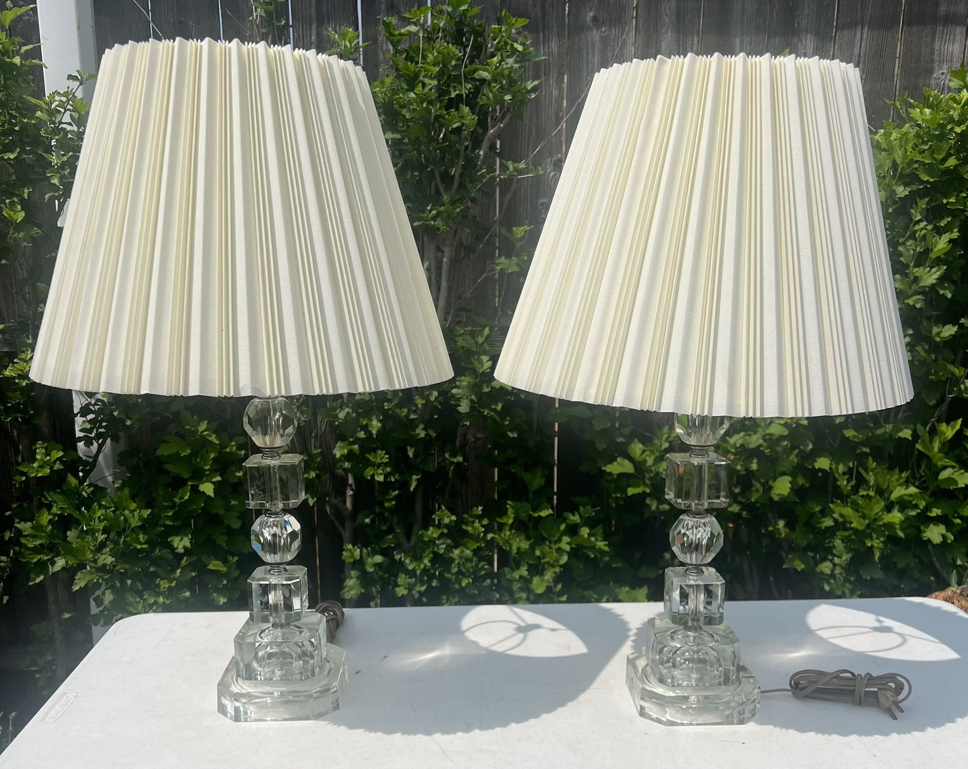 Vintage Pair Stacked Etch Crystal Table Lamps