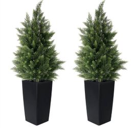 Vitalismo Faux Cedar Tree In Black Pot-UV Rated Potted Plant for Home Decor Outdoor or Indoor (Set of 2)