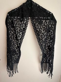 Black Floral Lace Long Fringe Scarf / Wrap (65 inches)