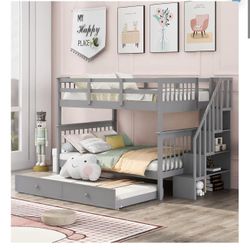 Merax Full-Over-Full Bunk Bed with Twin Size Trundle, Soild Wood Stairway Bunk Bed with Storage and Guard Rail for Bedroom, Grey