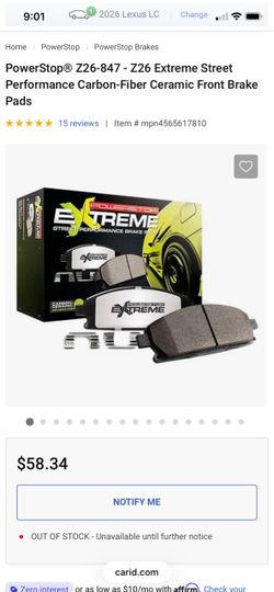 PowerStop Z26-847 Extreme Carbon-Fiber Ceramic Front Brake Pads